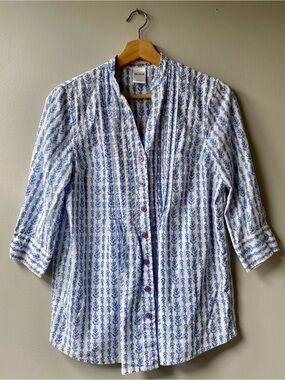Blair White and Blue Leaf-Print Button Front Blouse